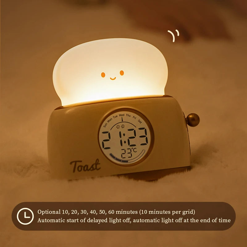 Toaster Alarm Clock Night Light — Dimmable USB Rechargeable Kids Lamp