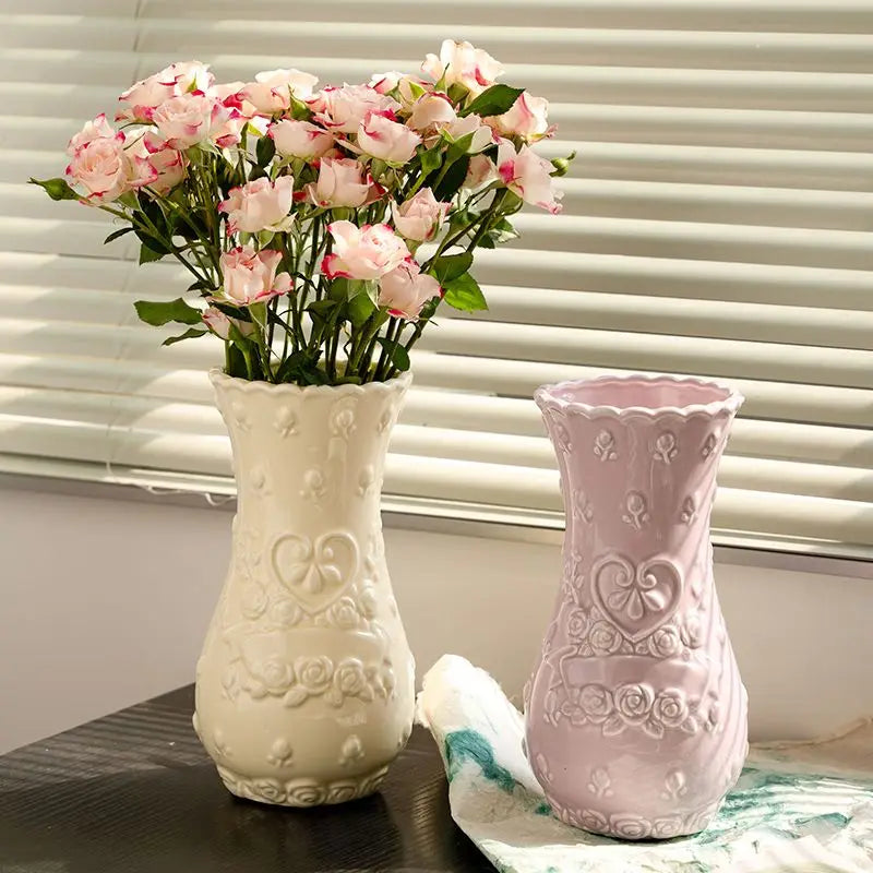 European Relief Rose Ceramic-Look Vase — Retro Living Room Ornament