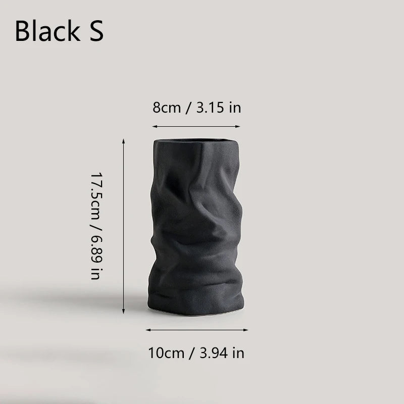 Wrinkled Ceramic Vase — Modern Sculptural Vessel for Living Room & Entryway