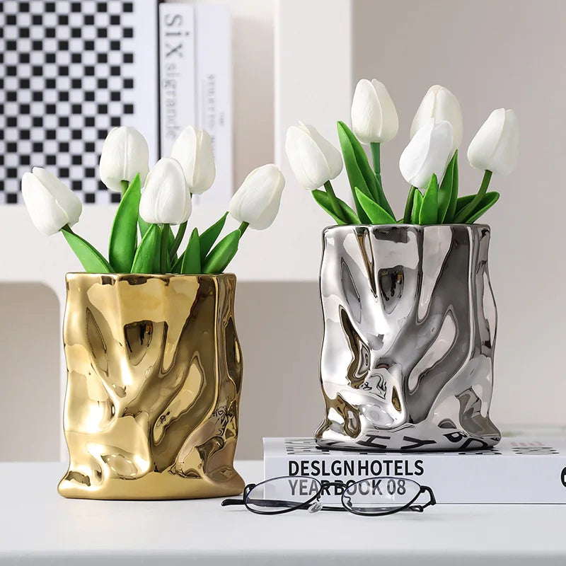 Nordic Irregular Electroplated Ceramic Vase — Modern Sculptural Accent