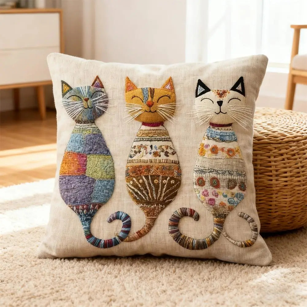 Cat-Patterned Pillow Cover — Playful 2D Print Sofa Cushion