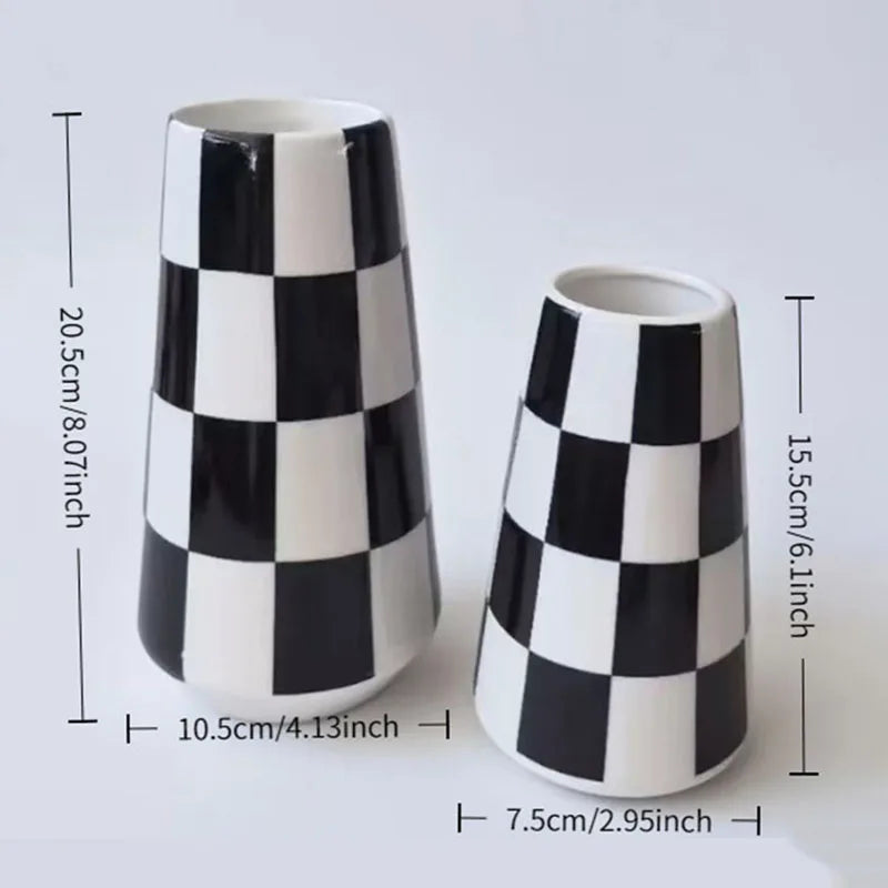 Black & White Checkered Ceramic Vase — Minimalist Statement Piece