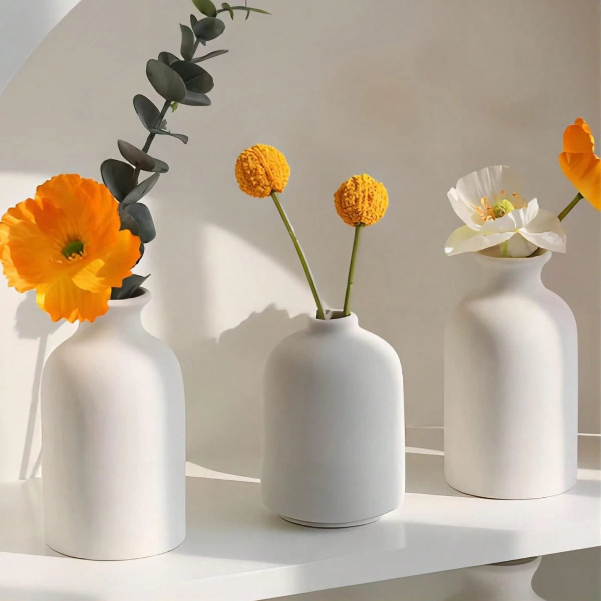 Bohemian Farmhouse Ceramic Vase Set (3-Piece) — Shelf & Table Decor