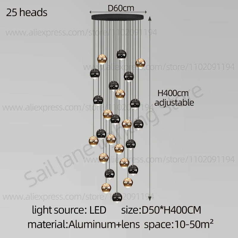 Nordic Circular Staircase Chandelier — Gold & Black Villa Pendant Light