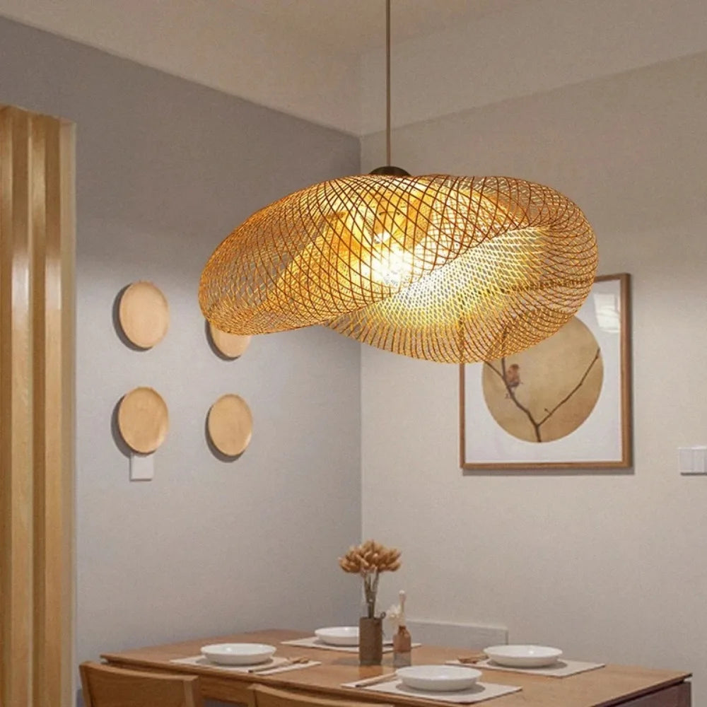 Handwoven Bamboo Pendant Light — Vintage Artisan Ceiling Fixture