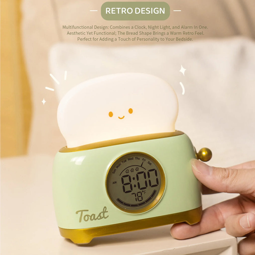 Toaster Alarm Clock Night Light — Dimmable USB Rechargeable Kids Lamp