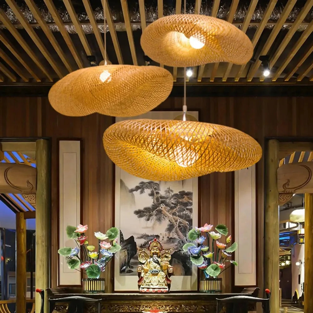 Handwoven Bamboo Pendant Light — Vintage Artisan Ceiling Fixture