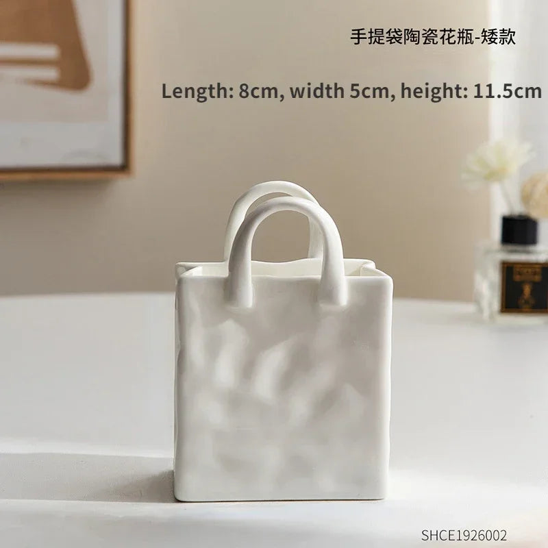 Nordic Handbag-Shaped Ceramic Vase — Novelty Dried Flower Vessel