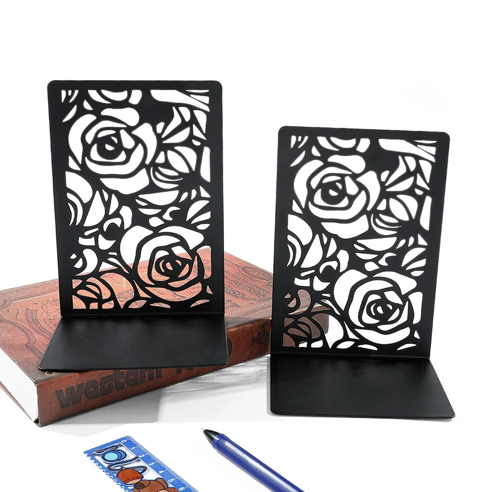 Rose Hollow Metal Bookends — Decorative Heavy-Duty Book Supports