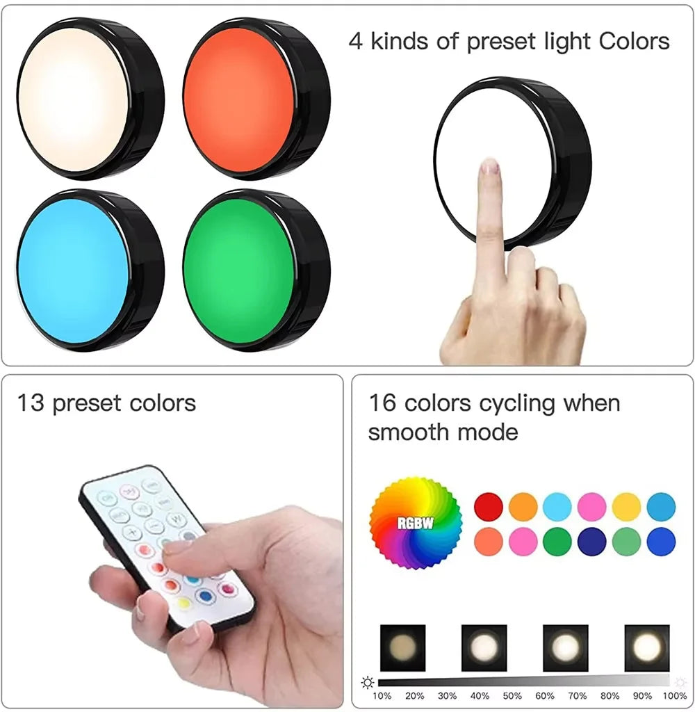 RGBW LED Puck Light Kit — 16-Color Remote Control Under Cabinet Light