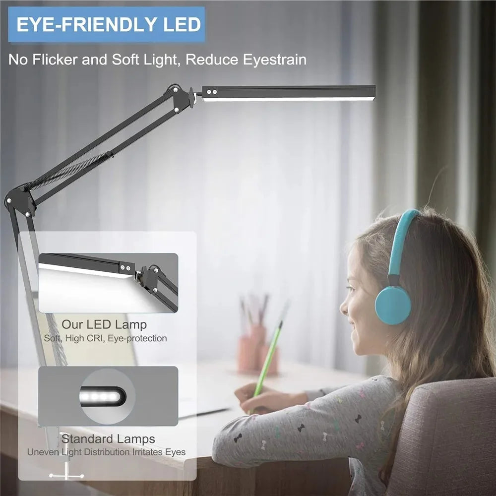 Eye-Care Clamp Desk Lamp — Adjustable Reading Light with 10 Brightness Levels