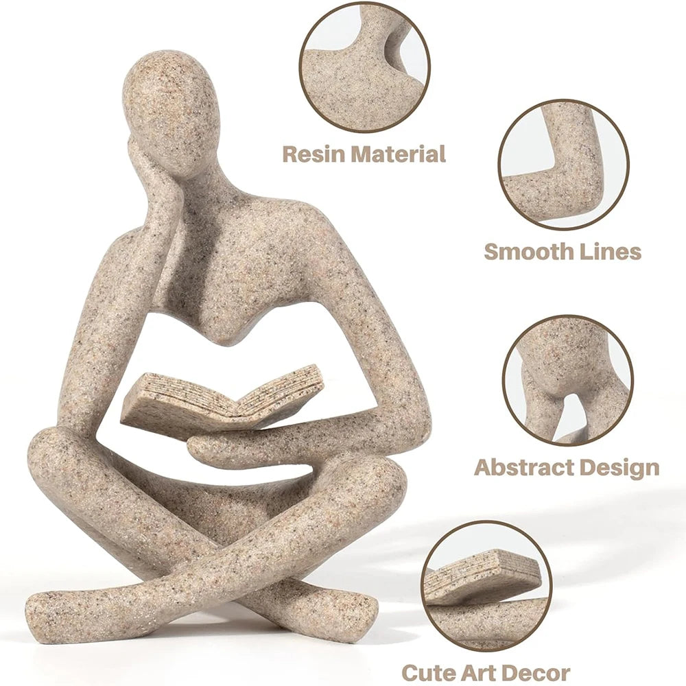 Reading Thinker Figurine — Abstract Resin Sculpture for Bookshelf