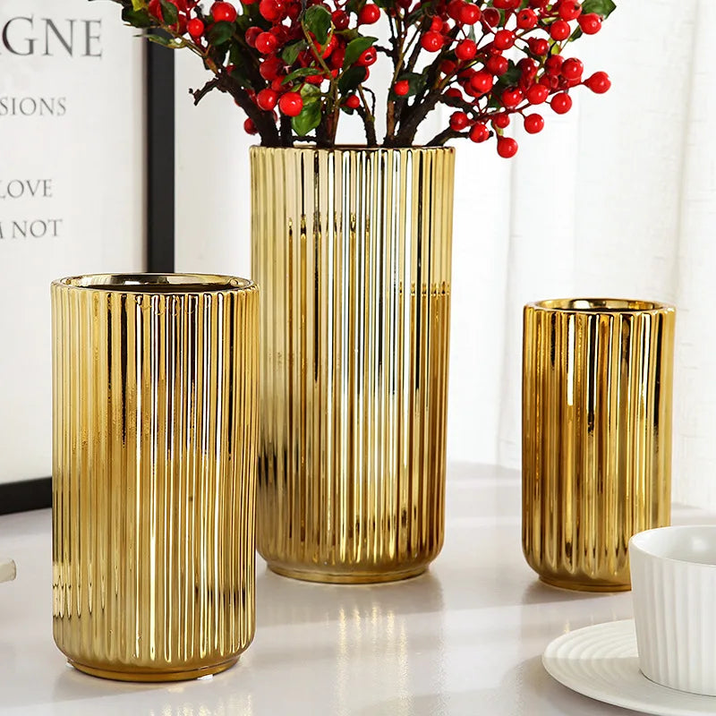 Nordic Golden Ceramic Vase — Flower Arrangement Pot & Storage Container