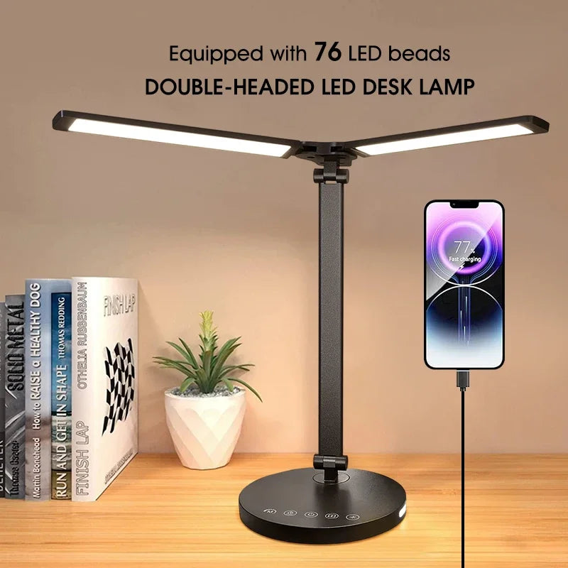 Dual-Head Folding LED Desk Lamp — 5-Color Touch Control with USB Charging