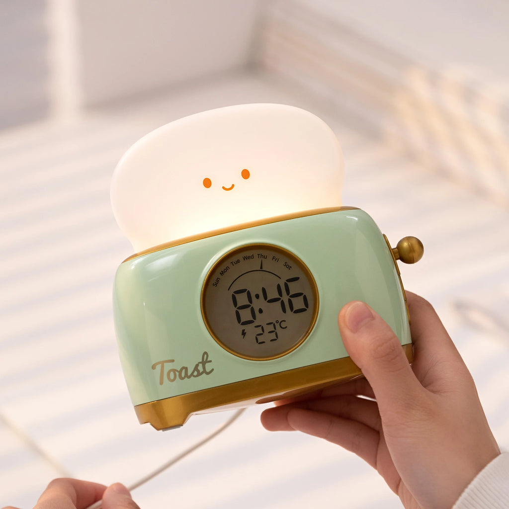 Toaster Alarm Clock Night Light — Dimmable USB Rechargeable Kids Lamp
