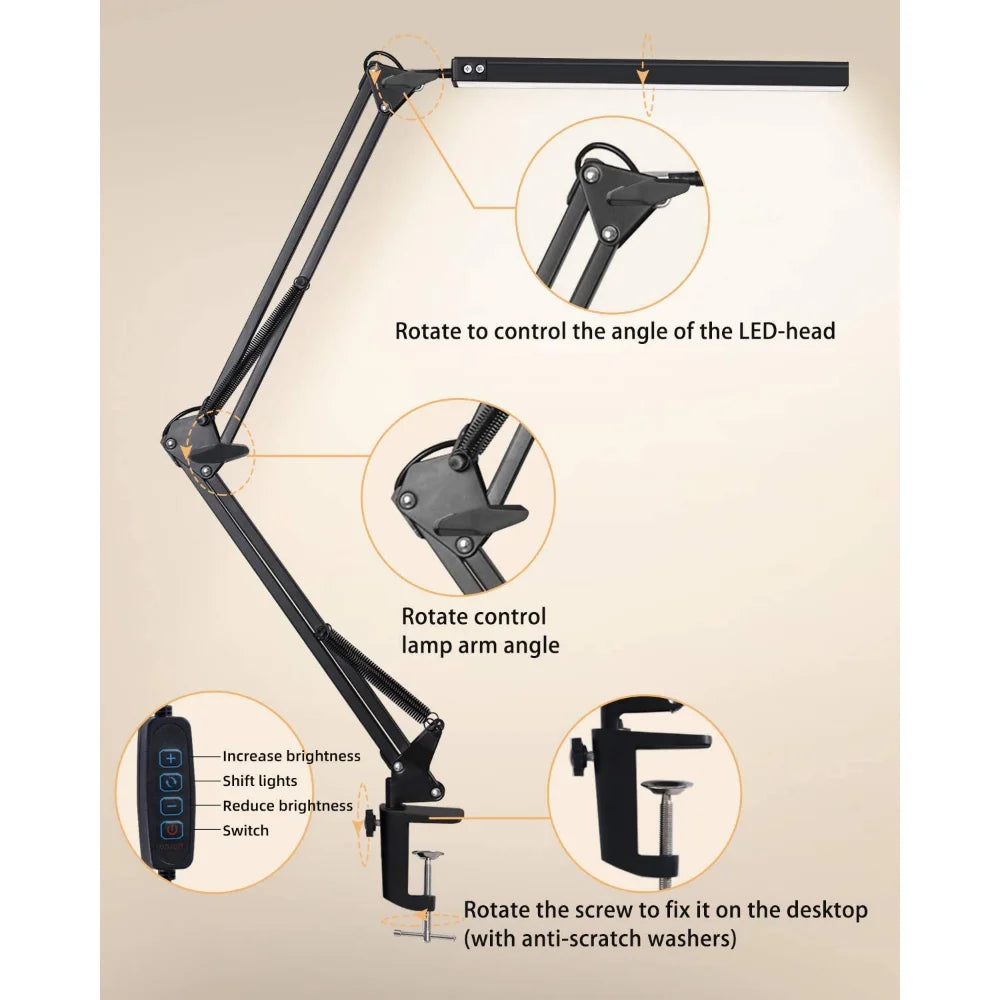 Swing-Arm LED Desk Lamp — 10-Brightness Eye-Care Clamp Light