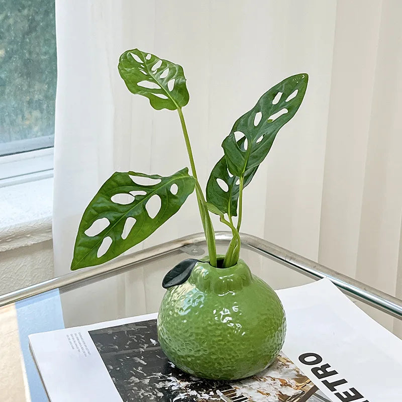 Glazed Green & Orange Ceramic Fruit Vase — Tabletop Centerpiece