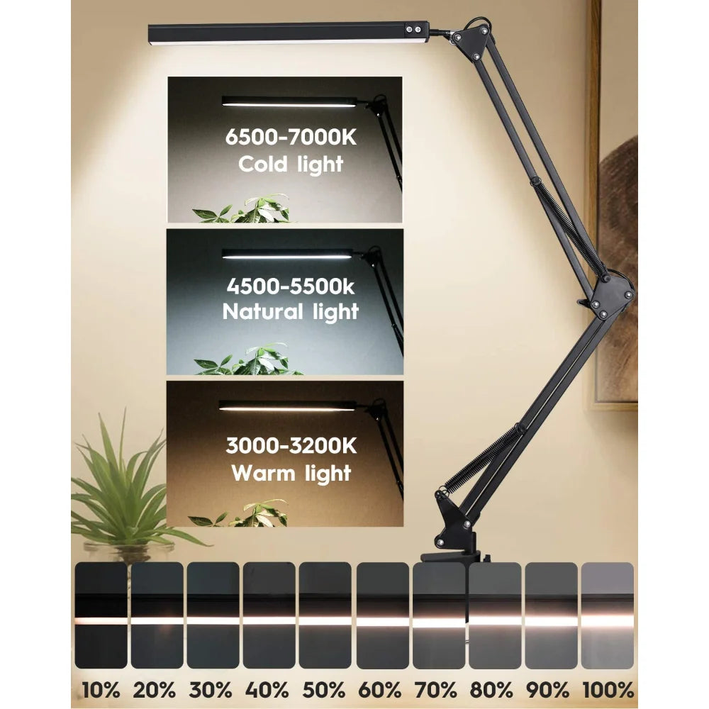 Swing-Arm LED Desk Lamp — 10-Brightness Eye-Care Clamp Light