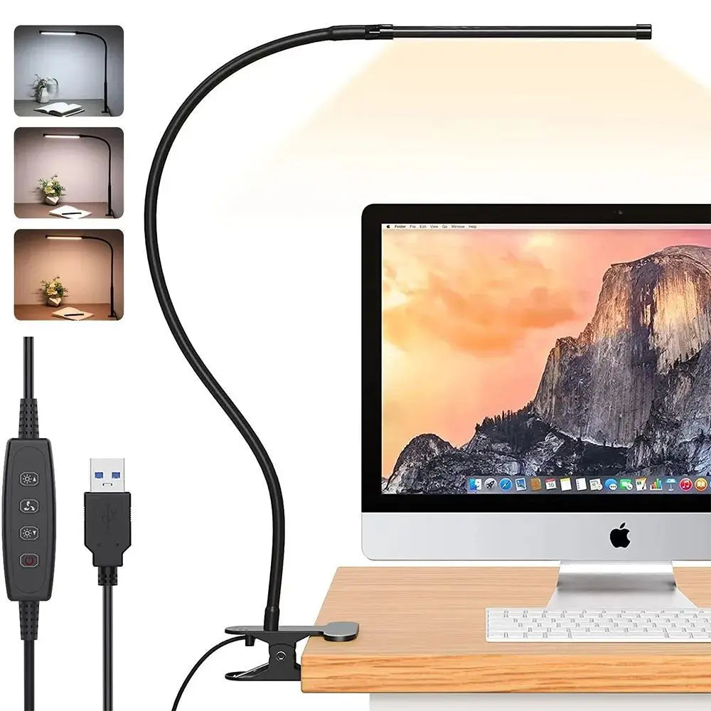 Clip-On LED Desk Lamp — Dimmable USB Reading Light with Clamp
