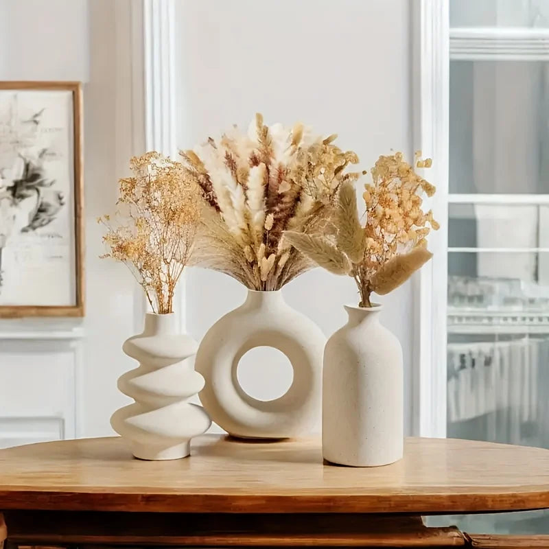 Bohemian White Ceramic Vase Set (3-Piece) — Textured Home Decor