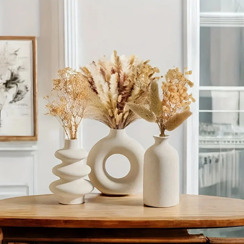 Bohemian White Ceramic Vase Set (3-Piece) — Textured Home Decor