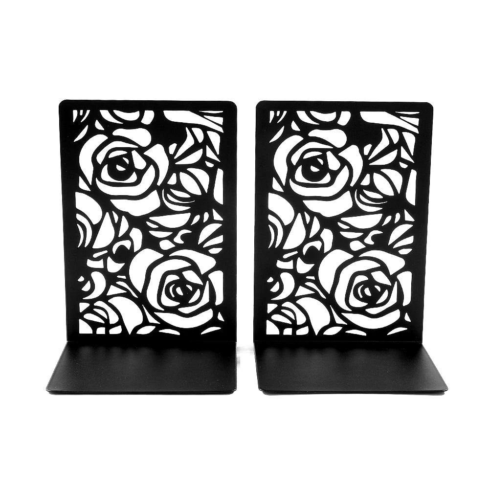 Rose Hollow Metal Bookends — Decorative Heavy-Duty Book Supports