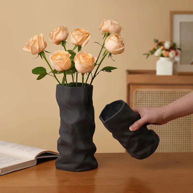 Wrinkled Ceramic Vase — Modern Sculptural Vessel for Living Room & Entryway