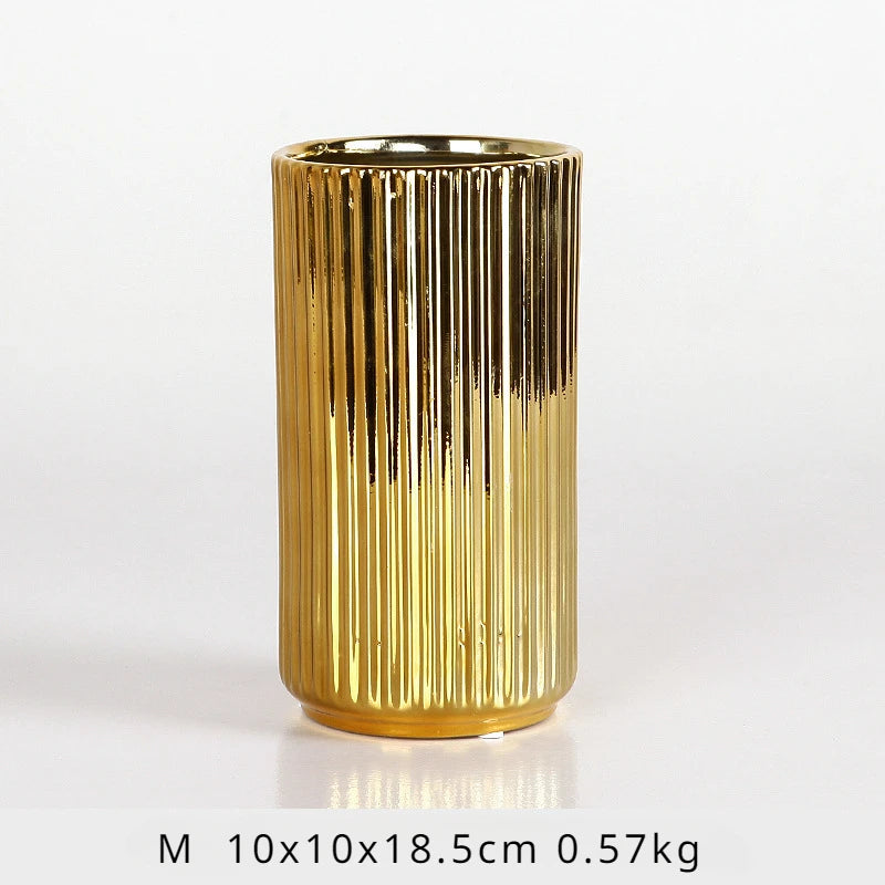 Nordic Golden Ceramic Vase — Flower Arrangement Pot & Storage Container