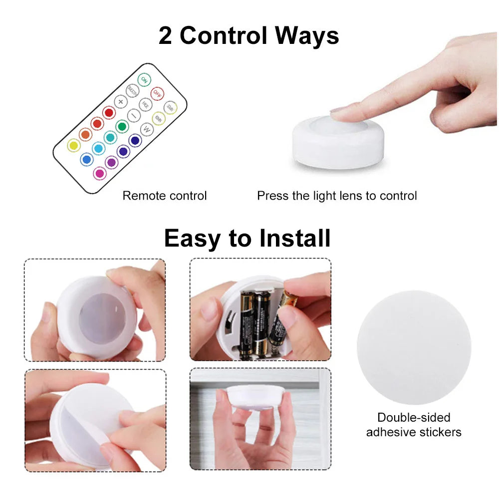 Wireless RGBW LED Puck Light — Stick-On Remote Control Cabinet Light