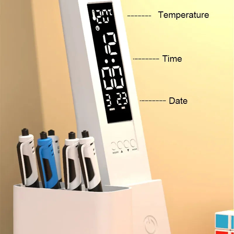 Foldable Desk Lamp with LED Clock — Dimmable Touch Reading Light