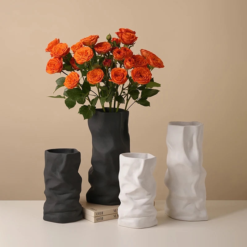 Wrinkled Ceramic Vase — Modern Sculptural Vessel for Living Room & Entryway