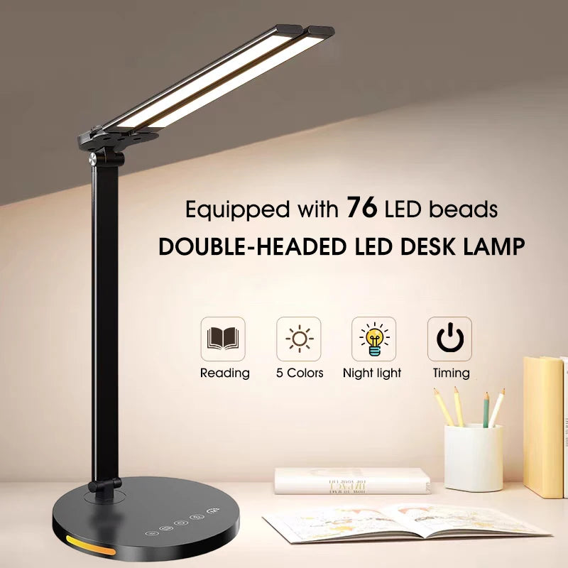 Dual-Head Folding LED Desk Lamp — 5-Color Touch Control with USB Charging