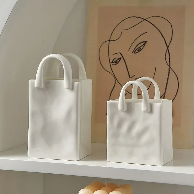 Nordic Handbag-Shaped Ceramic Vase — Novelty Dried Flower Vessel