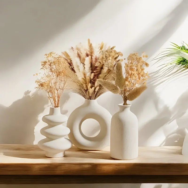 Bohemian White Ceramic Vase Set (3-Piece) — Textured Home Decor