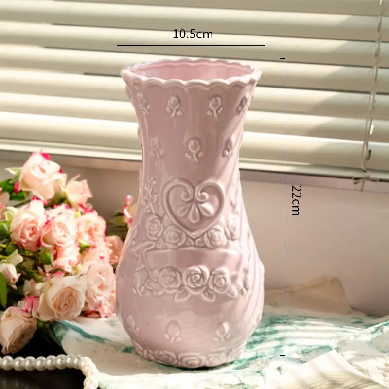 European Relief Rose Ceramic-Look Vase — Retro Living Room Ornament