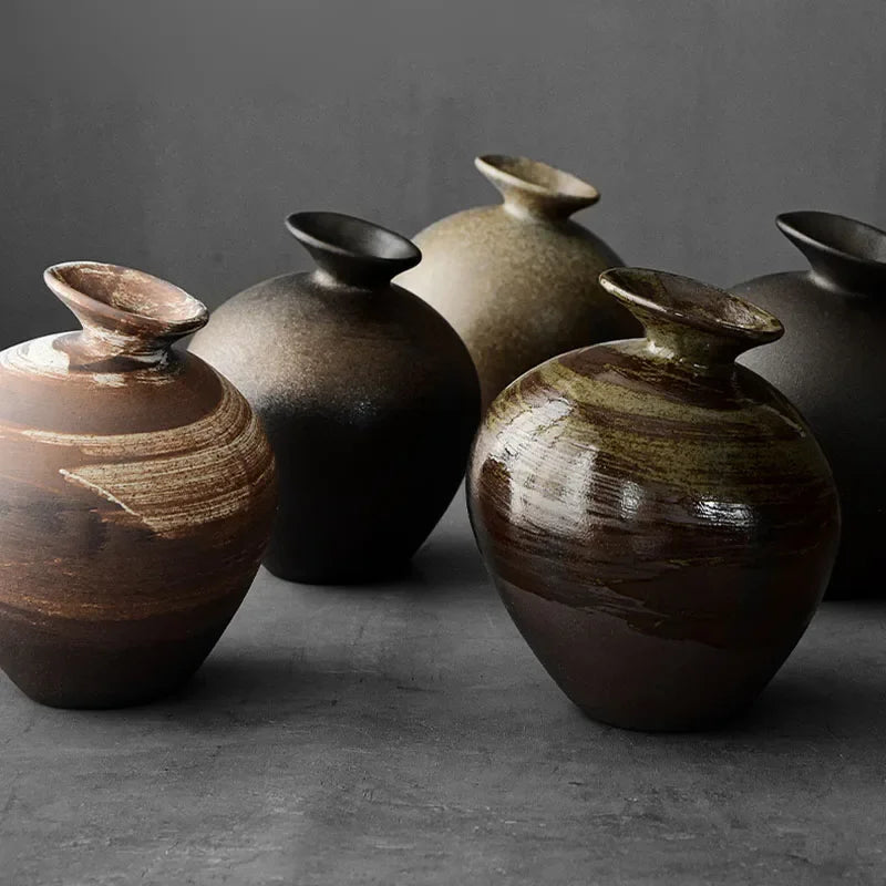Japanese Black Terracotta Vase — Abstract Stoneware-Look Vessel