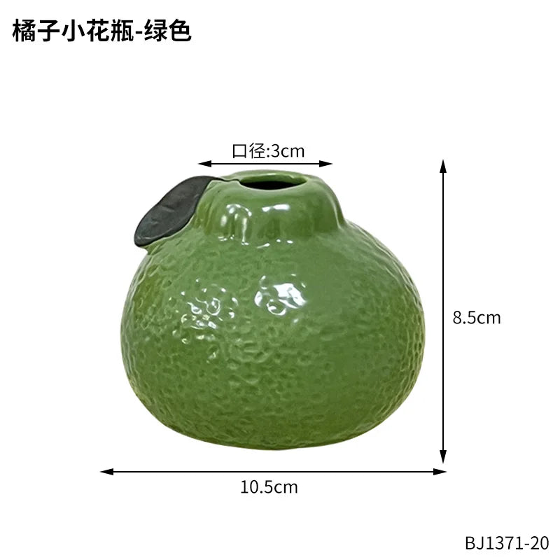 Glazed Green & Orange Ceramic Fruit Vase — Tabletop Centerpiece