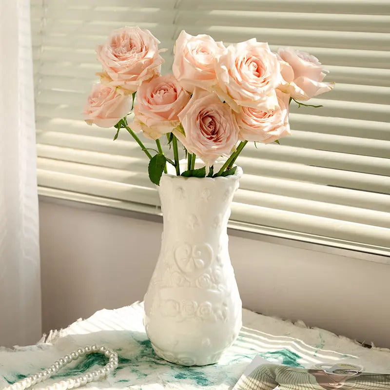 European Relief Rose Ceramic-Look Vase — Retro Living Room Ornament