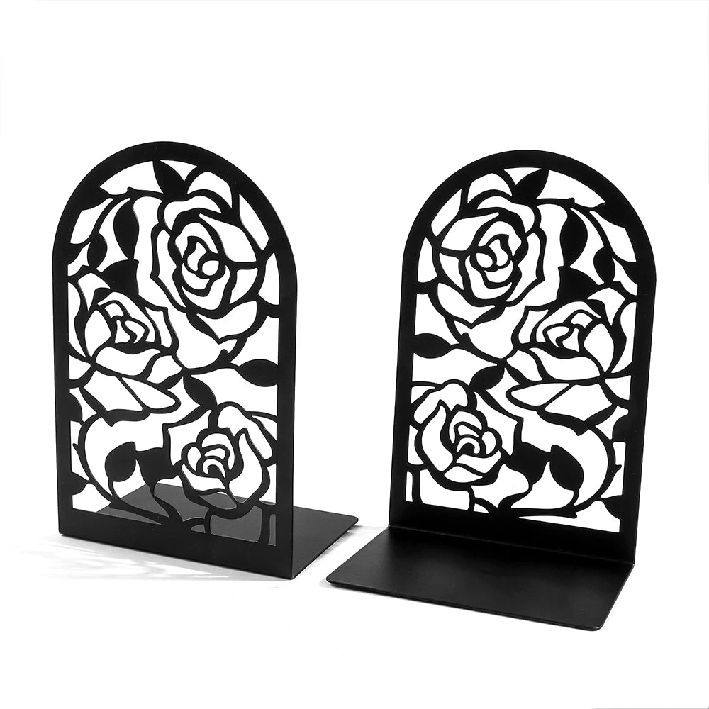 Rose Hollow Metal Bookends — Decorative Heavy-Duty Book Supports