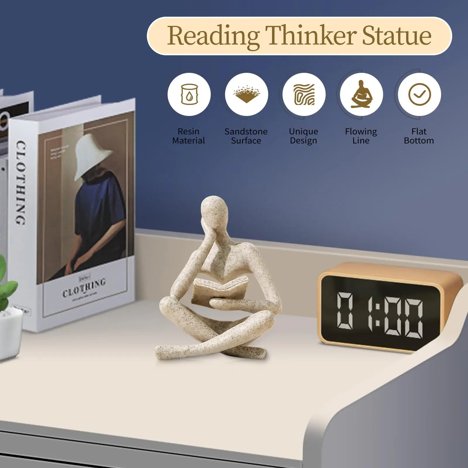 Abstract Thinker Statue — Reading Sculpture Bookshelf Decor