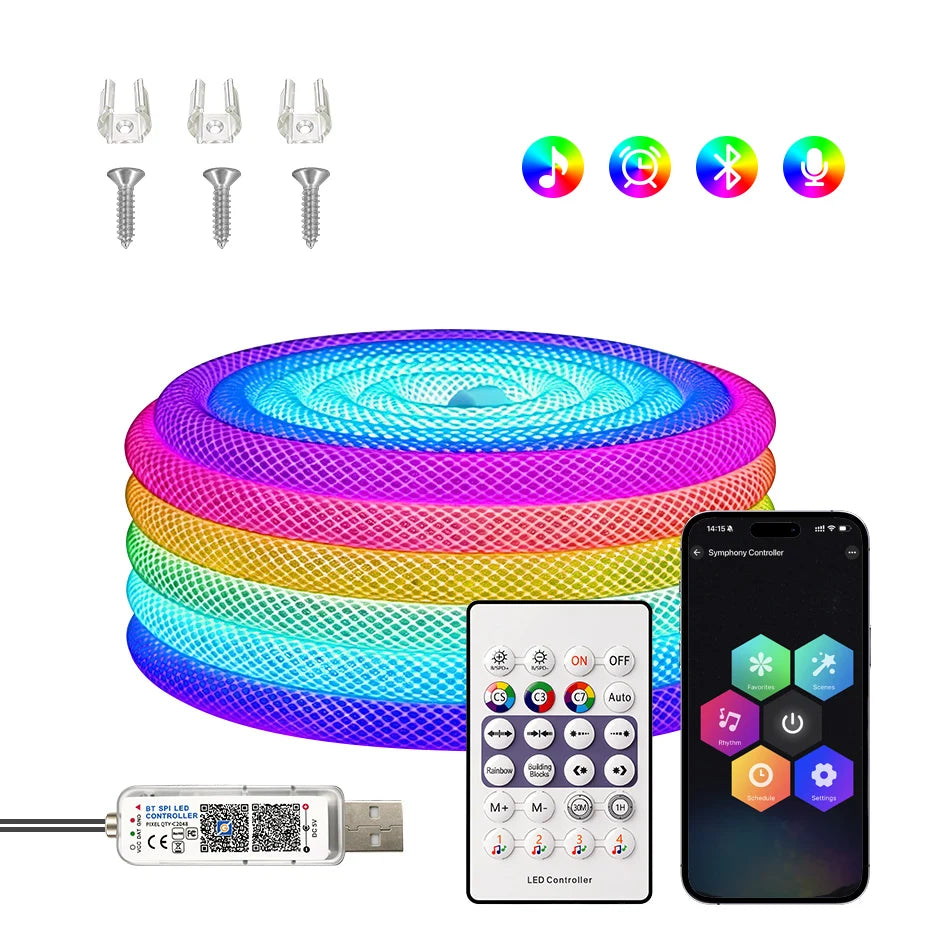 Smart RGBIC Neon Rope Light — Flexible App & Remote Controlled Tube