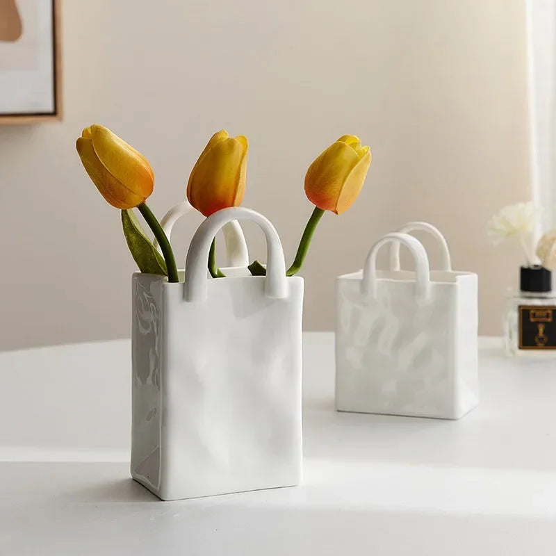 Nordic Handbag-Shaped Ceramic Vase — Novelty Dried Flower Vessel