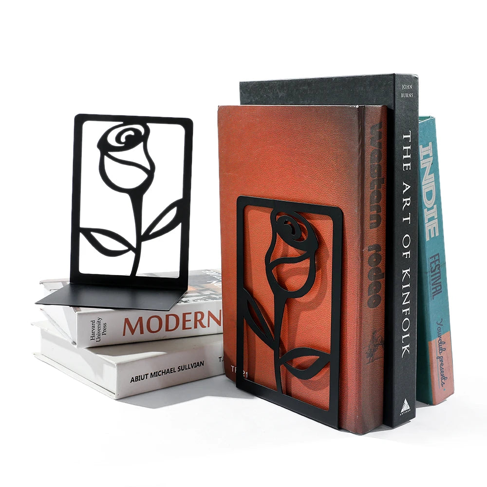 Rose Hollow Metal Bookends — Decorative Heavy-Duty Book Supports