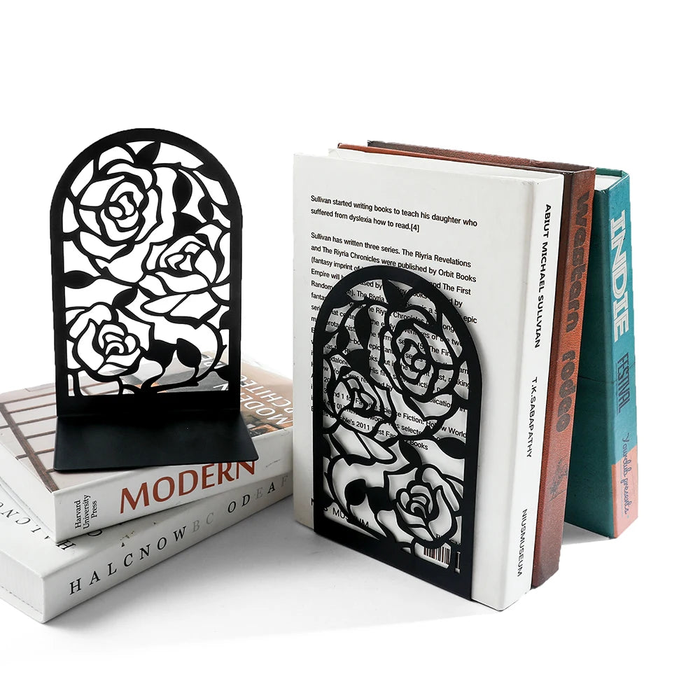Rose Hollow Metal Bookends — Decorative Heavy-Duty Book Supports