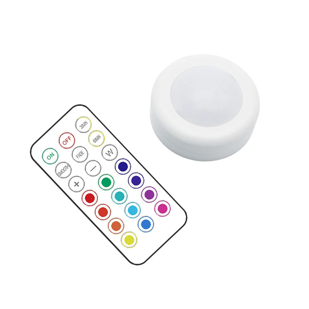 Wireless RGBW LED Puck Light — Stick-On Remote Control Cabinet Light