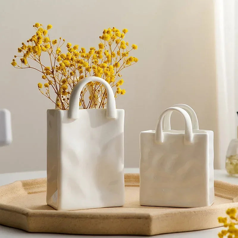 Nordic Handbag-Shaped Ceramic Vase — Novelty Dried Flower Vessel