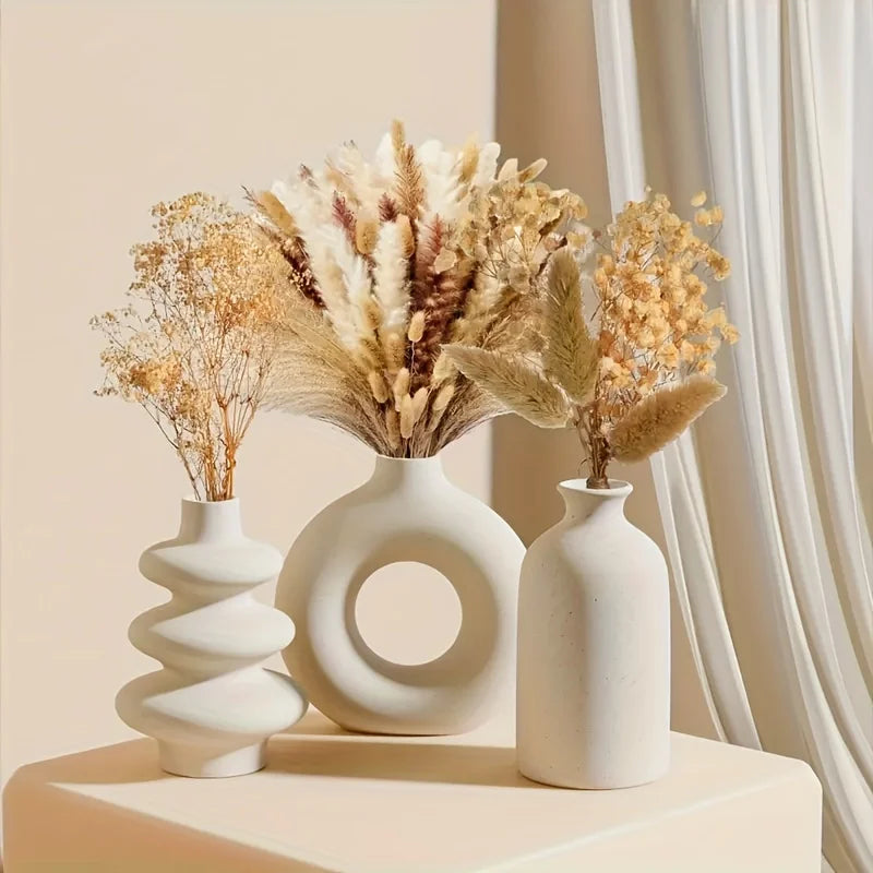 Bohemian White Ceramic Vase Set (3-Piece) — Textured Home Decor