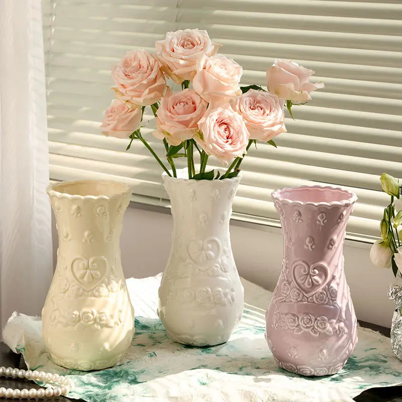 European Relief Rose Ceramic-Look Vase — Retro Living Room Ornament