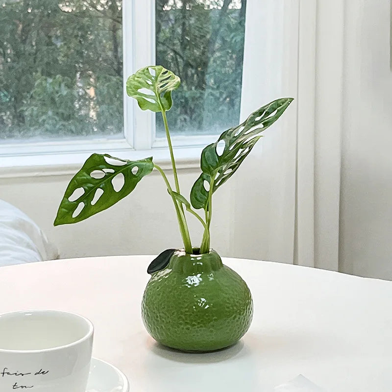 Glazed Green & Orange Ceramic Fruit Vase — Tabletop Centerpiece
