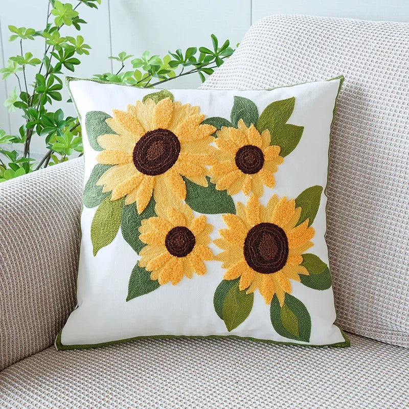 Embroidered Sunflower Pillow Cover — Jacquard Woven Cushion for Bay Window